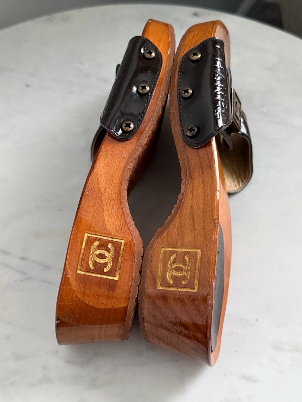 CHANEL Wood Slide Sandals with Gold CC Hardware Size 36 - Picture 7 of 12